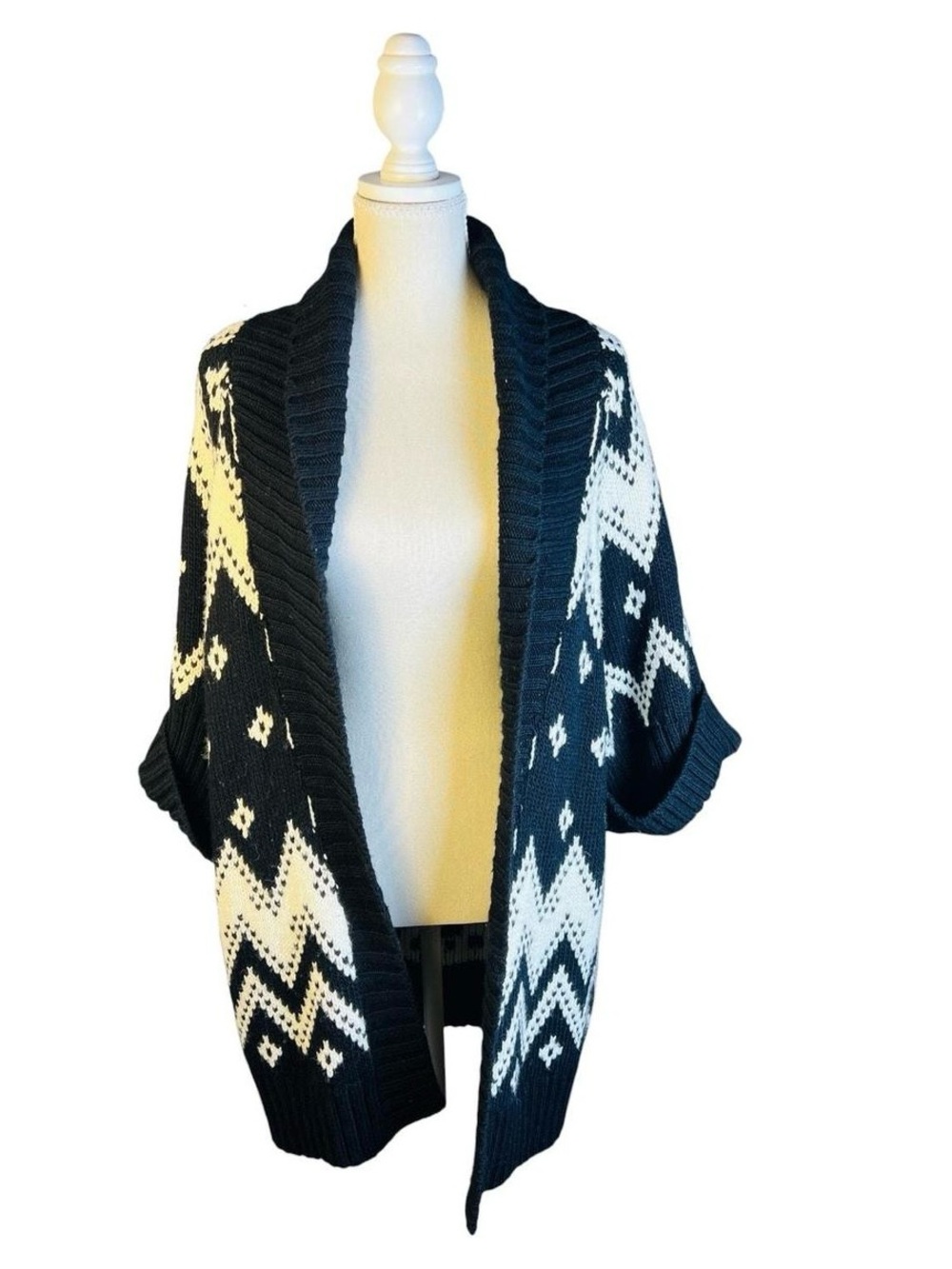 Express Black and Off White Open-Front Fair Isle Patterned Long Cardigan